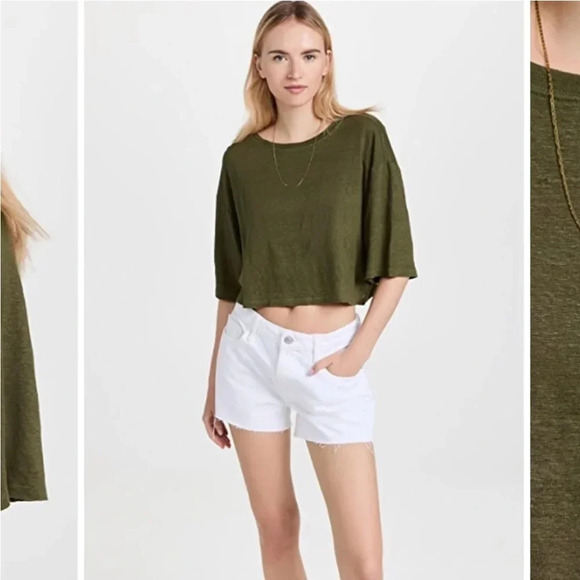 NWT Frame Boxy Crop Tee 100% Linen Green M - Picture 1 of 10